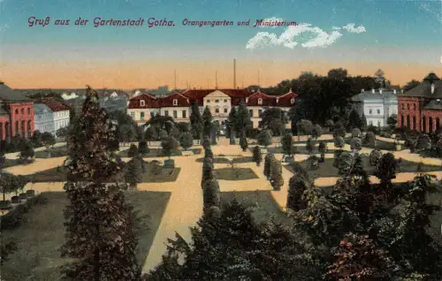 Gruß aus der Gartenstadt Gotha Orangengarten Ministerium Postkarte AK