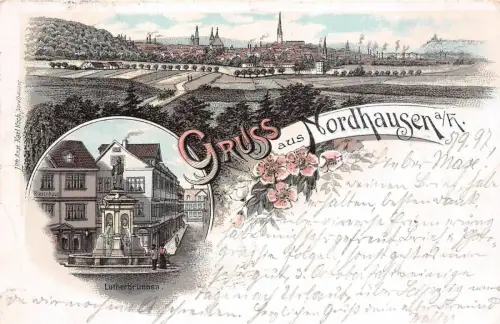 Gruss aus Nordhausen a/H. Lutherbrunnen Litho Postkarte AK 1897