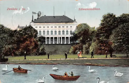 Partie am Schwanenteich mit Schwanenschloss in Zwickau Sachsen Postkarte AK 1913