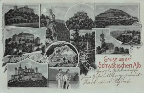 Gruss von der Schwäbischen Alb Uracher Wasserfall Litho Postkarte AK 1898