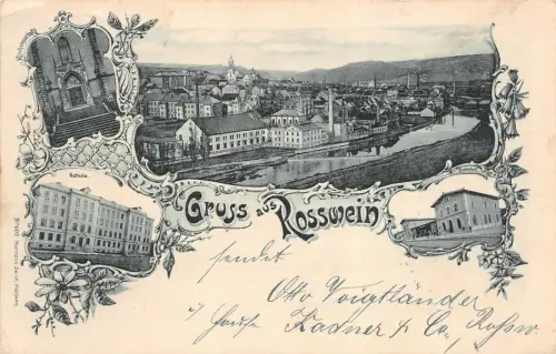 Gruss aus Rosswein mit Stadtansicht, Bahnhof und Schule Sachsen Litho AK 1899