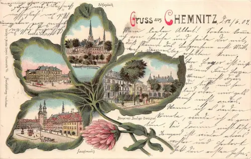 Gruß aus Chemnitz mit Bahnhof, Börse und Denkmal Sachsen Litho Postkarte AK 1907