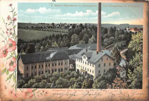 E. Mahn's Papierfabrik Dorf Klingenberg mit Rittergut Postkarte AK 1903