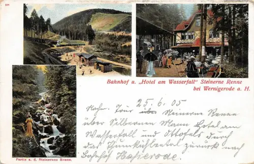 Bahnhof u. "Hotel am Wasserfall" Steinerne Renne Wernigerode Postkarte a. H. AK