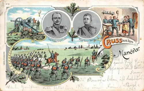 Gruss aus dem Manöver mit König August und Georg Patriotika Postkarte AK 1907
