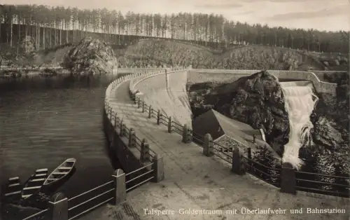 Talsperre Goldentraum mit Überlaufwehr und Bahnstation Queisetal Schlesien AK