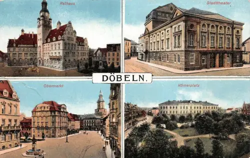 Stadttheater, Obermarkt und Rathaus in Döbeln Sachsen Postkarte AK 1915
