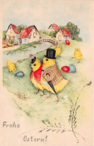 Ostern Kücke mit Zylinder Postkarte Belgien 1944