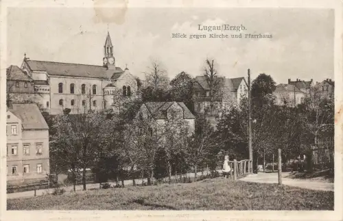 Lugau /Erzgb. Blick gegen Kirche und Pfarrhaus Postkarte AK 1935