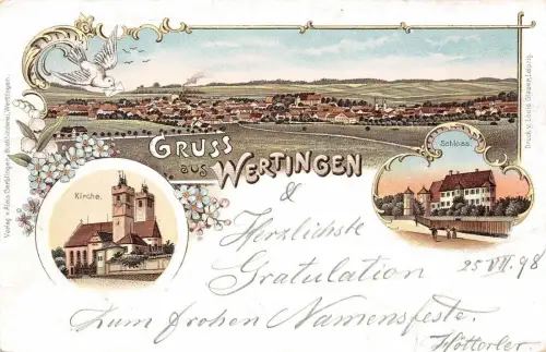 Gruss aus Wertingen Kirche Schloss Litho AK 1898
