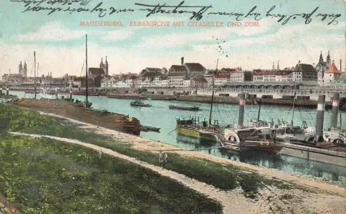 Elbansicht mit Zitadelle und Dom Magdeburg Sachsen-Anhalt Postkarte AK