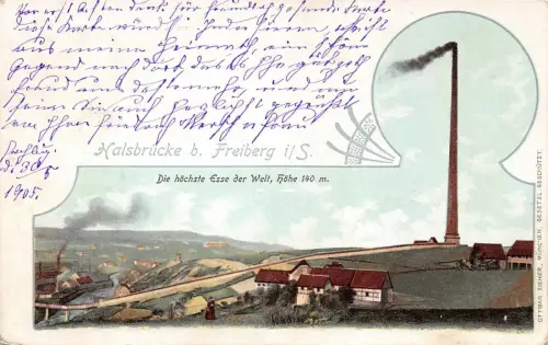 Halsbrücke b. Freiberg i./S. Die höchste Esse der Welt Postkarte AK 1905