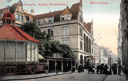 Chemnitz Sachsen Moritzstrasse, Kaufm. Vereinshaus Bahnpost Postkarte 1915