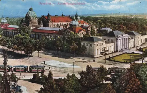 Austellungsgebäude und Straßenbahn Dresden Sachsen Postkarte AK 1922