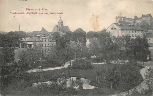 Friedenspark mit Stadtkirche und Sonnenstein Pirna Sachsen Postkarte AK 1911