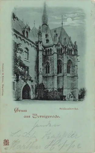 Gruss aus Wernigerode Schlosskirche Sachsen-Anhalt Mondschein-Postkarte AK 1900
