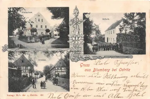 Gruss aus Blumberg bei Ostritz Schule, Strasse Kretscham Postkarte 1901