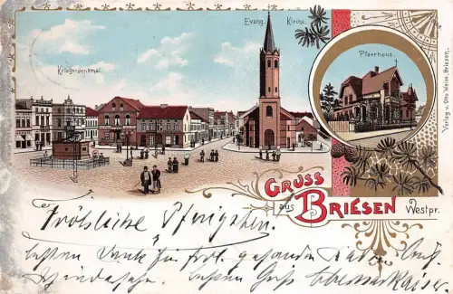 Gruss aus Briesen Westpr. (Wąbrzeźno) Kirche Pfarrhaus Postkarte Litho AK 1901