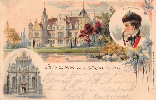 Gruss aus Bückeburg mit Schloss und Kirche Niedersachsen Postkarte Litho AK 1903