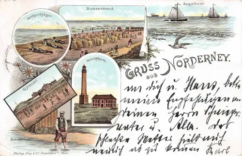 Gruss aus Norderney Damenstrand Segelboot Niedersachsen Postkarte AK 1897