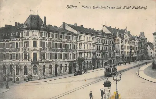 Untere Bahnhofstraße mit Hotel Reichshof in Zittau Sachsen Postkarte AK 1909