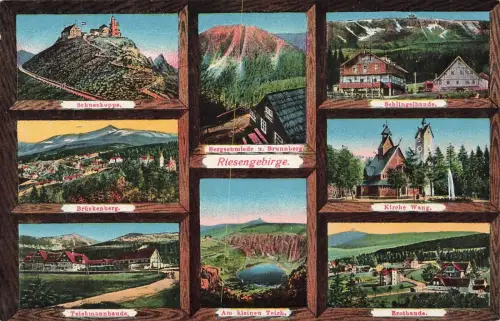 Panorama Schlingelbaude und Teichmannbaude Riesengebirge Schlesien Postkarte AK