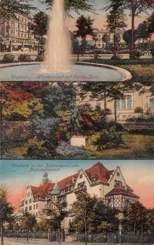 Chemnitz Hauptbahnhof Carola-Hotel Zimmermann'sche Naturheilanstalt AK 1915