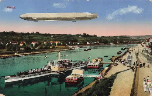 Zeppelin Sachsen und Dampfer Pirna Sachsen Postkarte AK 1916