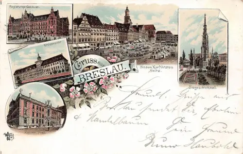 Breslau Markt Post Siegesdenkmal Litho Postkarte 1897