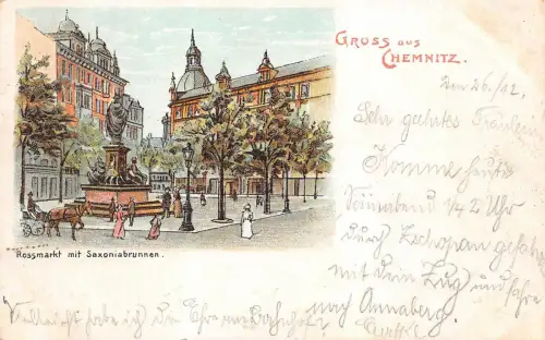 Gruss aus Chemnitz Rossmarkt mit Saxoniabrunnen Postkarte AK 1903
