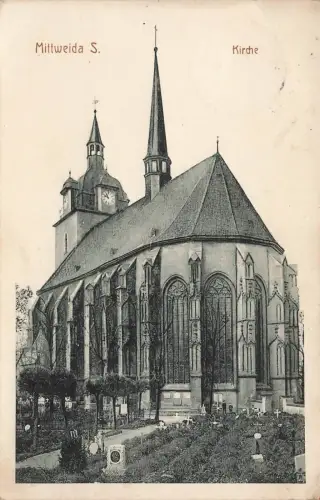 AK Mittweida Kirche Friedhof Gräber 1915 Sachsen gelaufen Postkarte