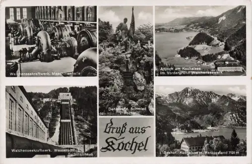 Gruss aus Kochel Walchenseekraftwerk, Denkmal und Seehof Bayern Postkarte AK