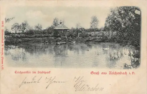 Teichparthie im Stadtpark Gruß aus Reichenbach i. V. Postkarte AK 1901