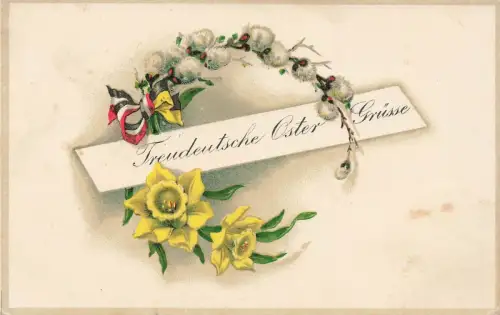 Treudeutsche Ostergrüsse mit Blumen Patriotika Postkarte mit Prägung AK 1916