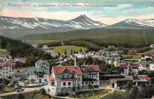 Krummhübel im Riesengebirge mit Hotel Goldner Frieden und Schneekoppe AK 1912