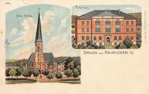 Gruss aus Hainichen mit Technikum und Kirche Sachsen Postkarte AK 1915