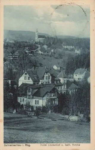 Hotel Lindenhof und Katholische Kirche Schreiberhau Schlesien Postkarte AK 1925