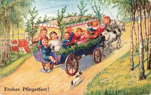 Frohes Pfingsten Kinder Pferdewagen Postkarte