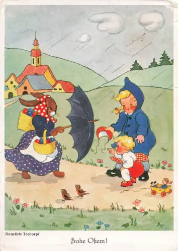 AK Frohe OSTERN Mama Hase mit Regenschirm Anneliese Tesdorpf Postkarte 1940