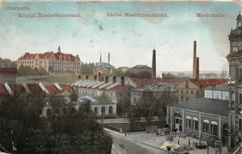 Markthalle, Maschinenfabrik und Steueramt in Chemnitz Sachsen Postkarte AK 1910