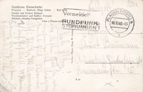Stammtisch und Saal Gasthof in Zwoschwitz Vogtland Sachsen Postkarte AK 1940