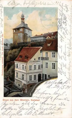 Gruss aus dem Blümlein bei Karlsbad Weinhaus Böhmen Mähren Postkarte AK 1904