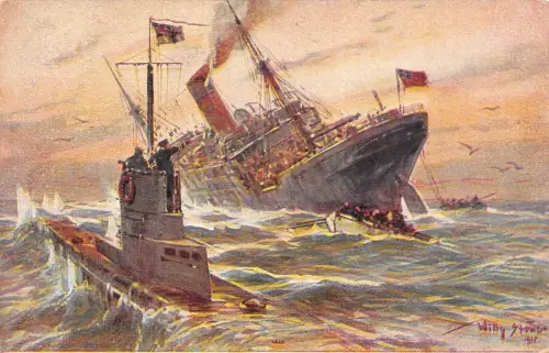 Angriff auf engl. Handelsdampfer durch deutsches Unterseeboot Patriotika AK 1915