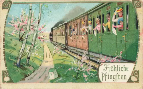 Fröhliche Pfingsten Personen Zug Postkarte