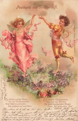 Postkarte mit Veilchenduft Elfen und Spruch 1903