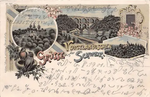 Grüsse aus Voigtländischen Schweiz Eisenbahnbrücke Barthmühle Litho Postkarte