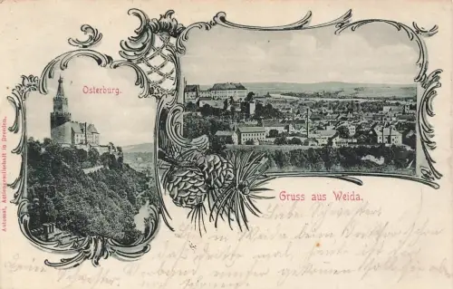 Gruss aus Weida Stadtansicht und Osterburg Thüringen Postkarte AK 1907