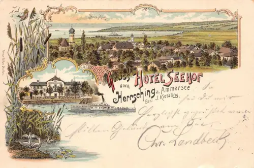 Gruss vom Hotel Seehof Herrsching a. Ammersee Dampfer Litho AK 1897