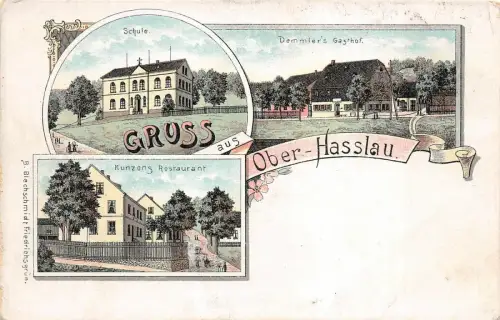 Gruß aus Ober - Hasslau Wilkau-Haßlau Schule Kunzeng Restaurant Litho AK