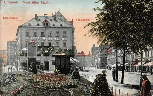 Neustädter Markt mit Hotel Hermann in Chemnitz Sachsen Postkarte AK 1918